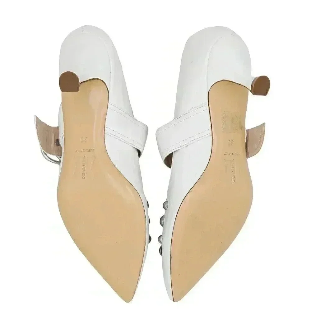 White Studded Pointed Toe Kitten Heel Pumps Size 38 Bridal Low‎ Heel Mary Janes